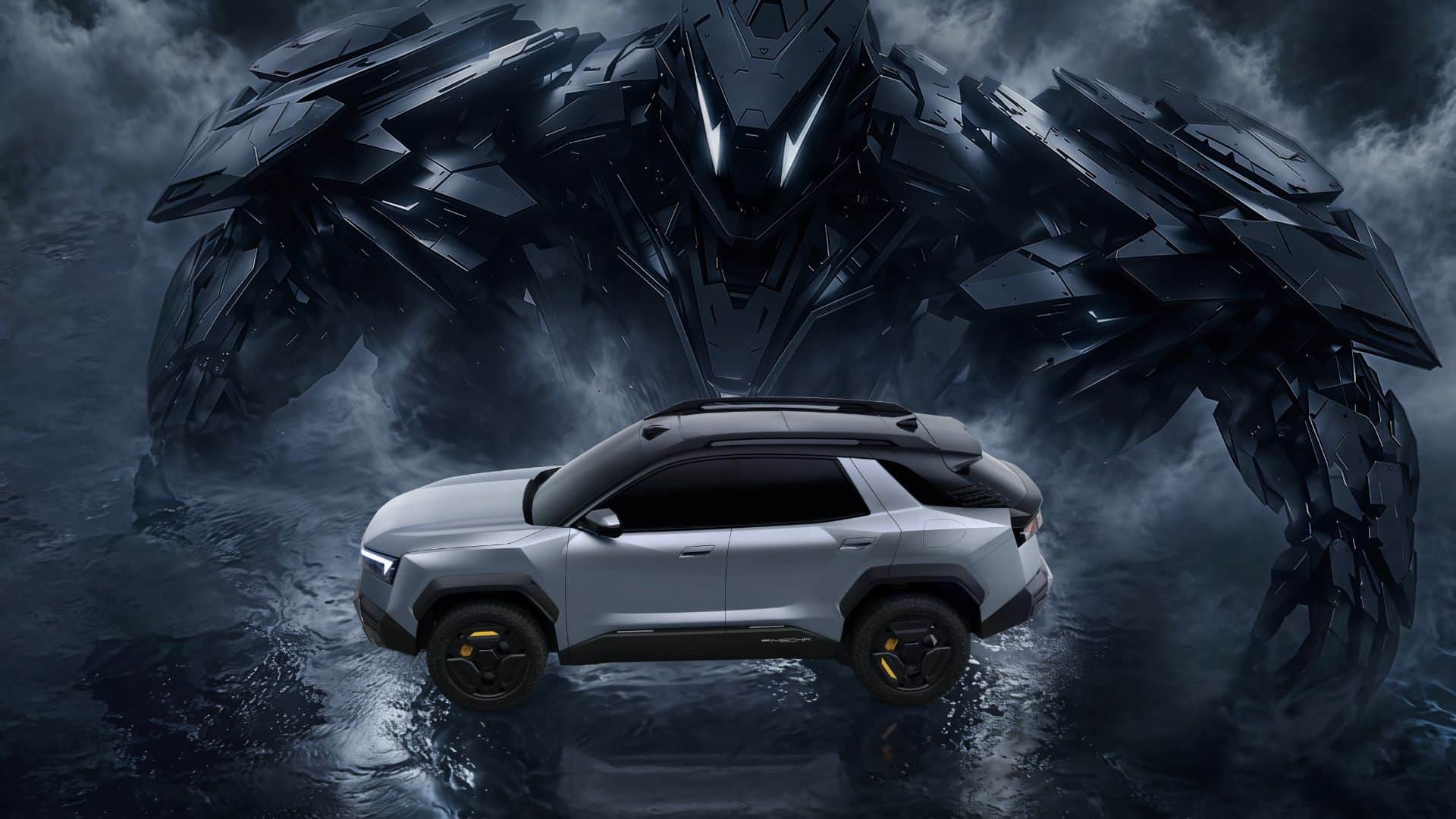 O OMODA X prata é exibido de perfil sobre uma superfície molhada, com um enorme robô mecânico escuro e angular ao fundo, representando o design SUPER MECHA da marca, cercado por névoa e nuvens escuras