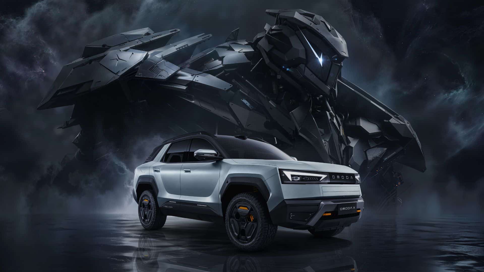 O OMODA X prata aparece em destaque na frente de um gigantesco robô mecha negro e prateado, em um cenário noturno com reflexos no chão molhado. A imagem reforça a inspiração futurista e mecânica do design do carro