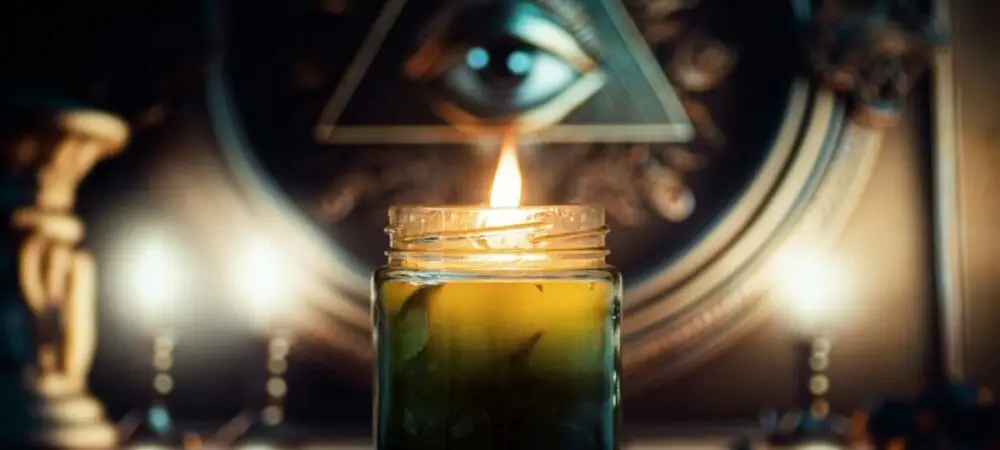 Imagem mística com vela e olho no triângulo, representando uma seita